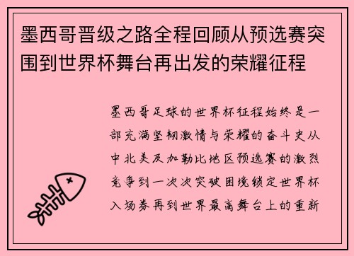 墨西哥晋级之路全程回顾从预选赛突围到世界杯舞台再出发的荣耀征程 墨西哥晋级之路全程回顾从预选赛突围到世界杯舞台再出发的荣耀征程